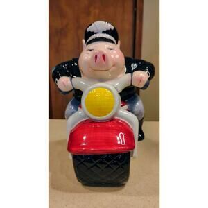 Vintage 1999 Clay Art Road Hog Cookie Jar Biker Pig on Motorcycle New in Box